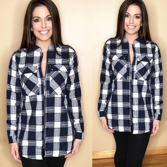 2 LEFT! Zip up navy plaid shirt - Picture 2 of 8